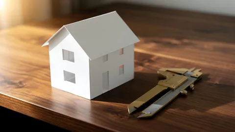 Illustration: A small white cardstock house model resting on a walnut desk beside a brass caliper.