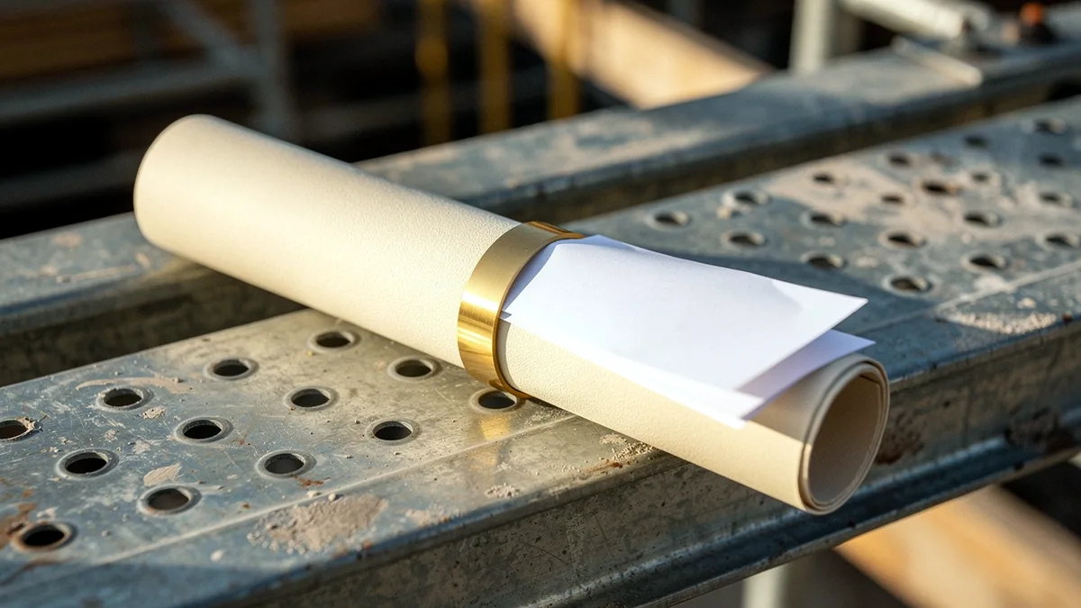 Illustration: A rolled cream drafting tube with a brass clip resting on a steel scaffold plank.