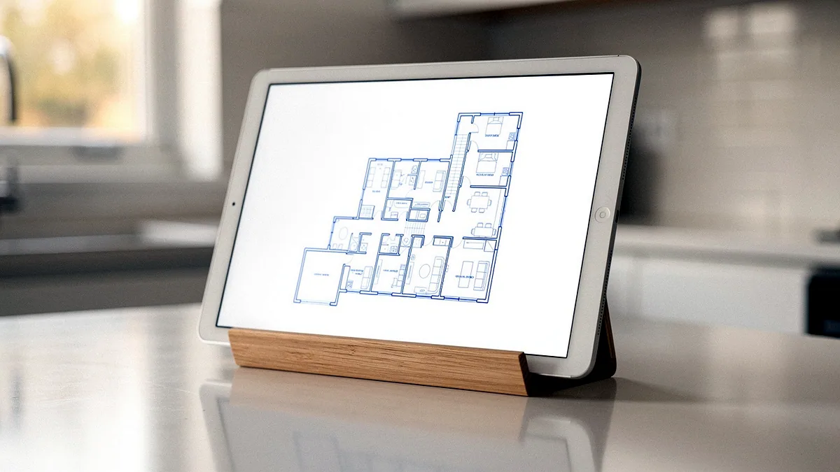 Illustration: A tablet in a wooden stand on a kitchen counter glowing with a blue line drawing.