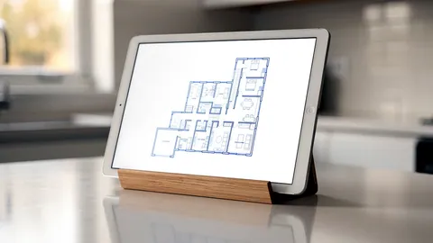 Illustration: A tablet in a wooden stand on a kitchen counter glowing with a blue line drawing.