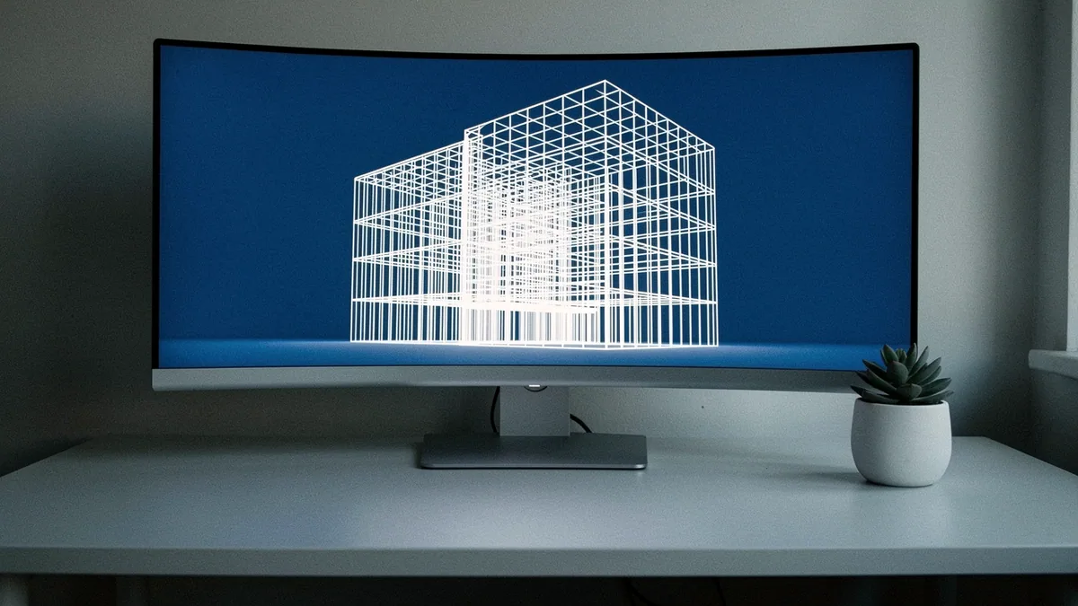 Illustration: A large curved monitor displaying a glowing white wireframe grid of a building.