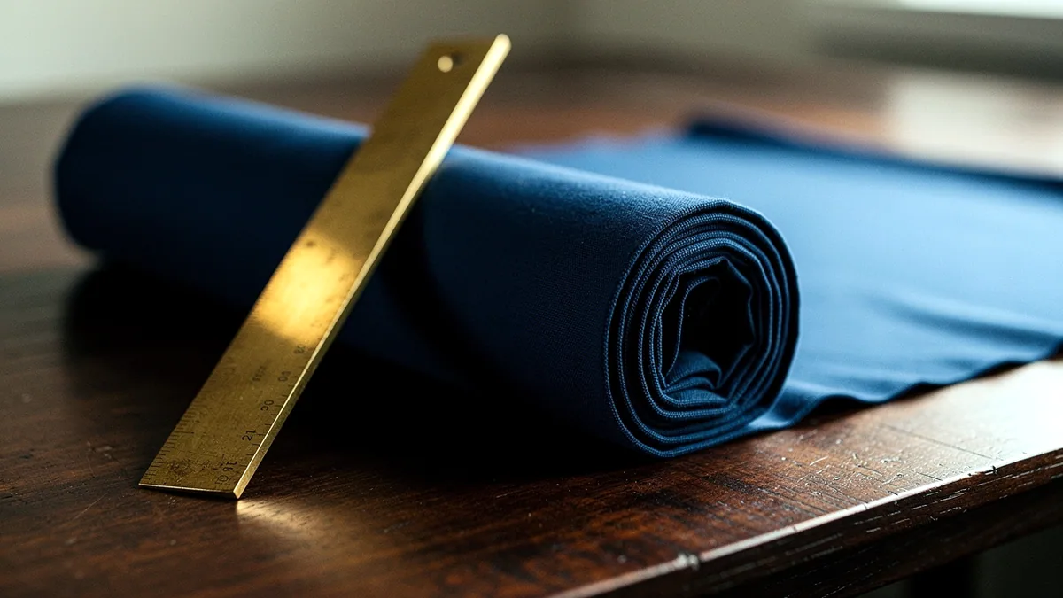 Illustration: A deep blue drafting cloth rolled into a cylinder on a dark oak bench.