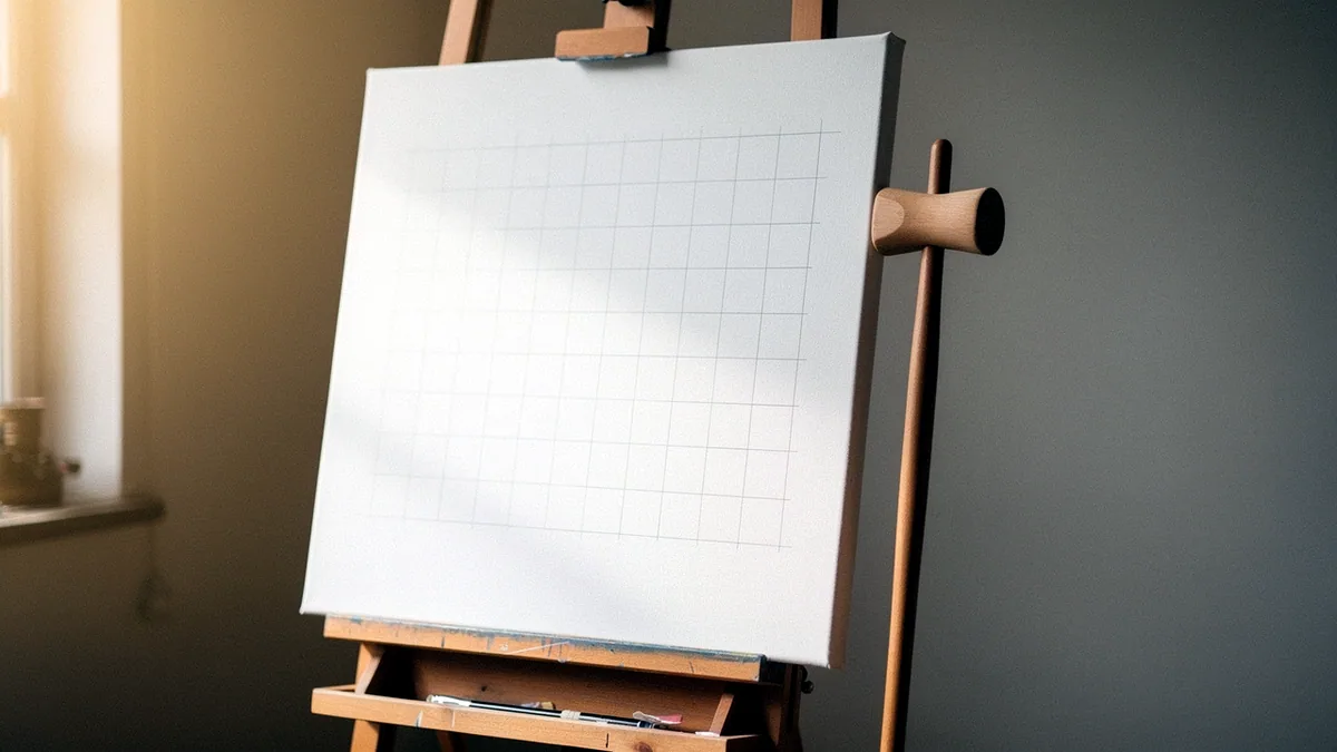 Illustration: A white primed canvas with a faint graphite grid standing on an easel.