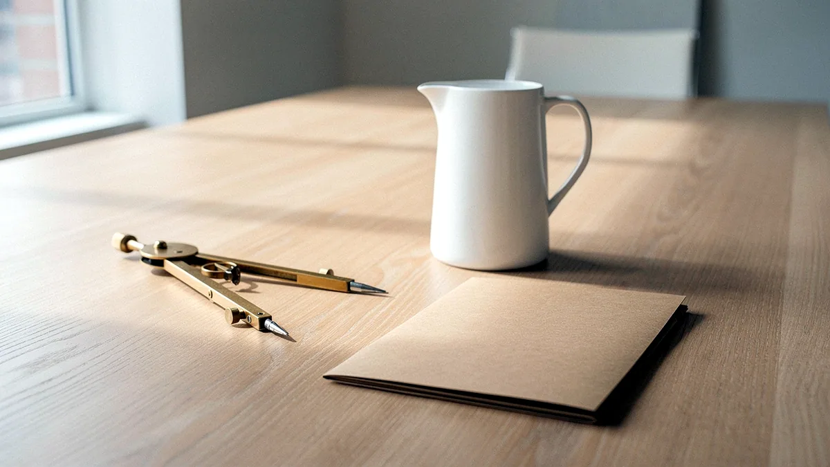 Illustration: A light oak conference table set with a coffee urn and drafting compass in a sunlit studio.