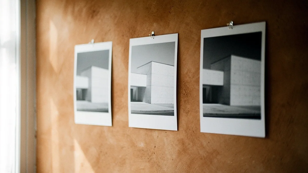 Illustration: Three unframed black and white photographs of a white concrete facade on a plaster wall.