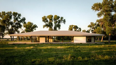 Illustration: A low horizontal house with a long hipped roof sitting in an open green meadow.