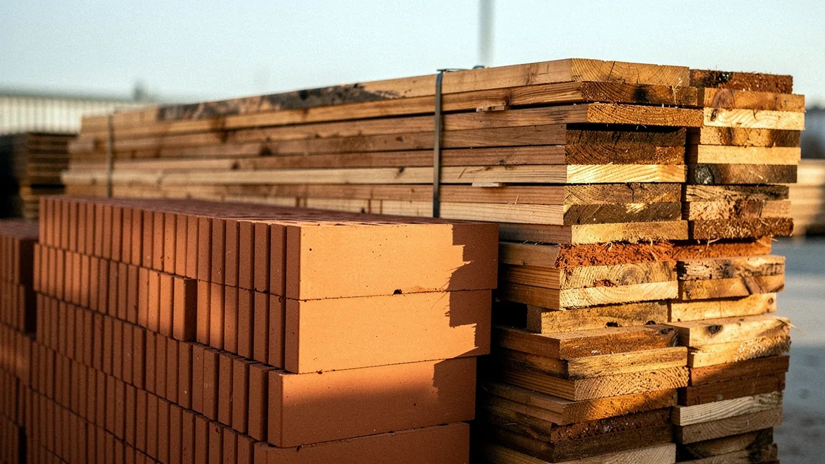 Illustration: Neat stacks of red clay bricks beside a bundle of rough sawn timber boards in a yard.