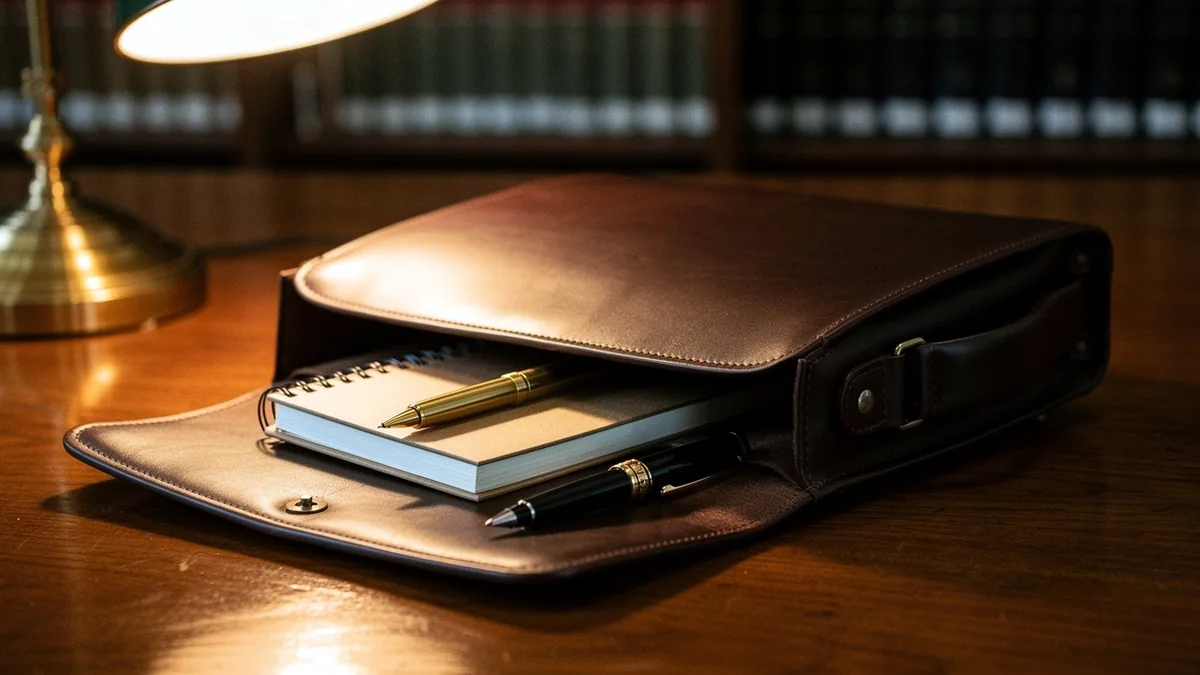 Illustration: An open dark brown leather satchel with a notebook and pens on a library table.