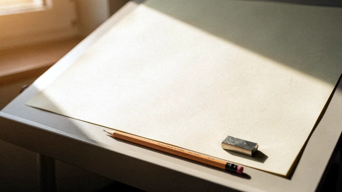 Illustration: A large blank cream drafting sheet on an inclined board with a pencil and eraser.