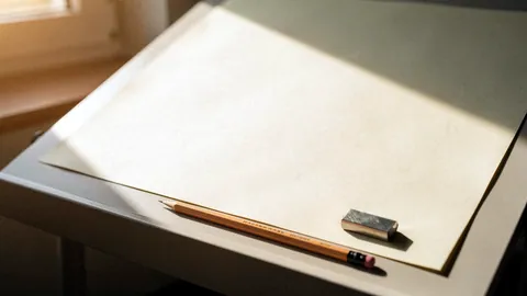 Illustration: A large blank cream drafting sheet on an inclined board with a pencil and eraser.