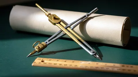 Illustration: A brass drafting compass and steel dividers crossed over a rolled parchment scroll.