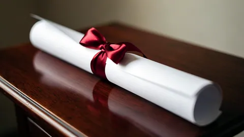 Illustration: A rolled diploma tied with a red silk ribbon resting on a polished mahogany lectern.